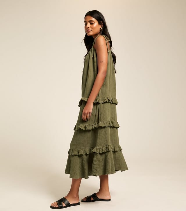 New Look Women's Khaki Crinkled Frilly Trim Midi Dress New Look - 3