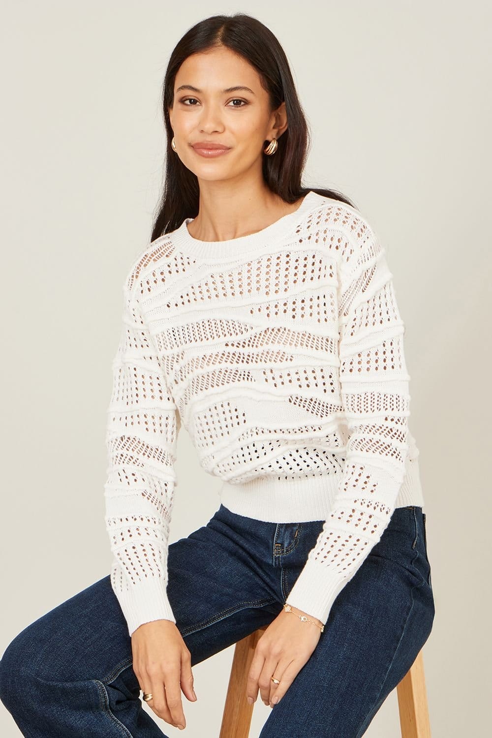 Yumi Yumi Women's White Wave Pointelle Knitted Jumper - 1