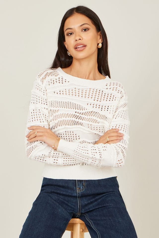 Yumi Yumi Women's White Wave Pointelle Knitted Jumper - 2