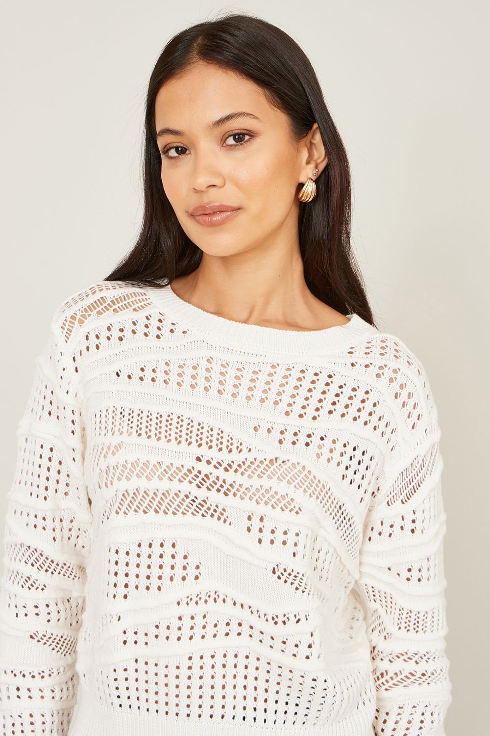 Yumi Yumi Women's White Wave Pointelle Knitted Jumper - 3