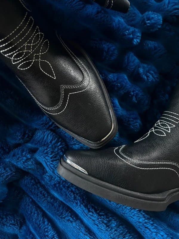 ASOS Cowboy Celeste flat western knee boots in black with stitching