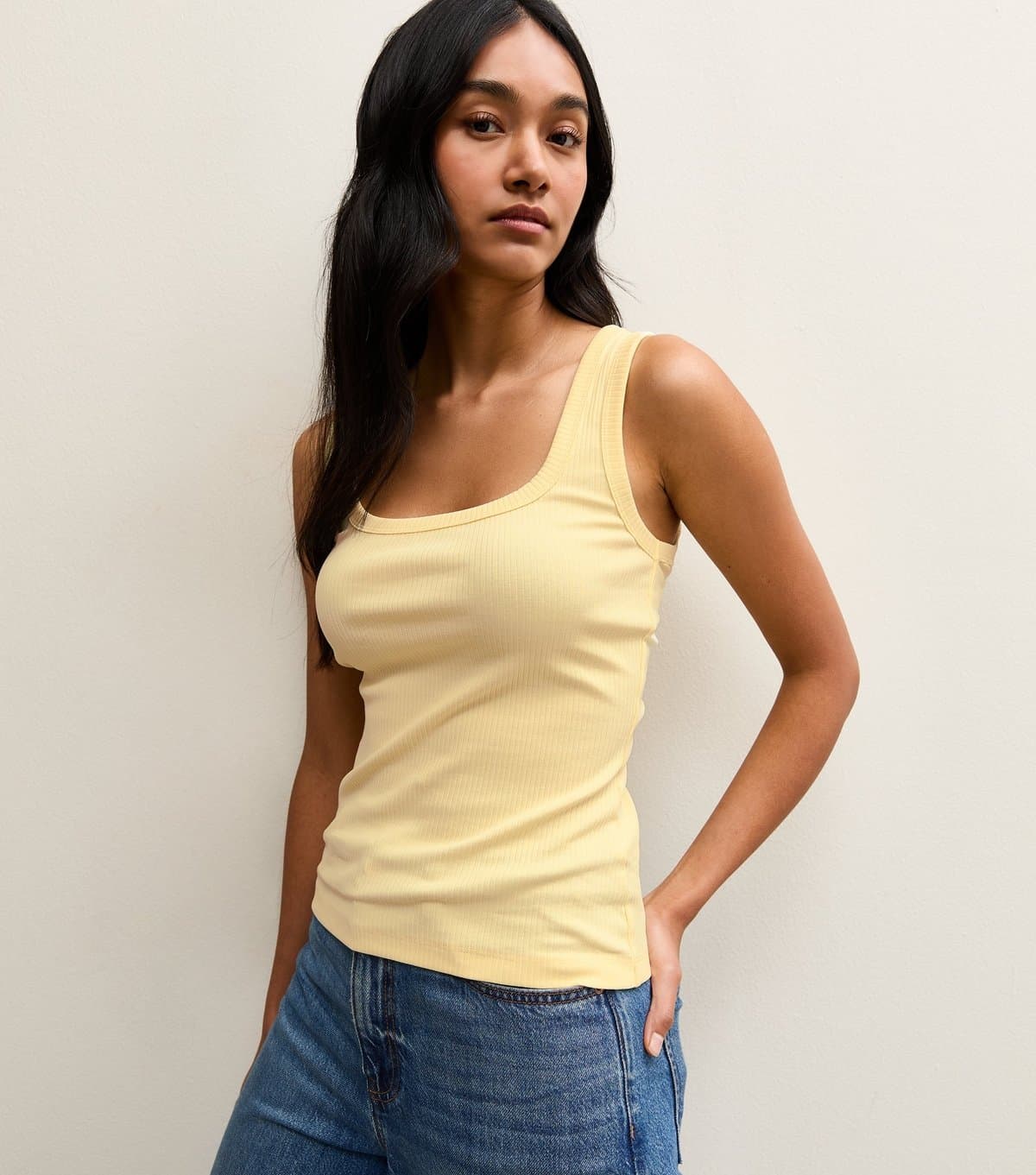 New Look New Look Light Yellow Square Neck Ribbed Vest Top