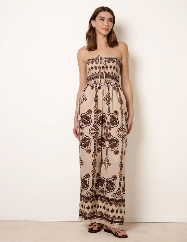 Blue Vanilla Tribal Print Bardot Tie Neck Jumpsuit - 2