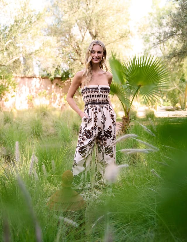 Blue Vanilla Tribal Print Bardot Tie Neck Jumpsuit - 3