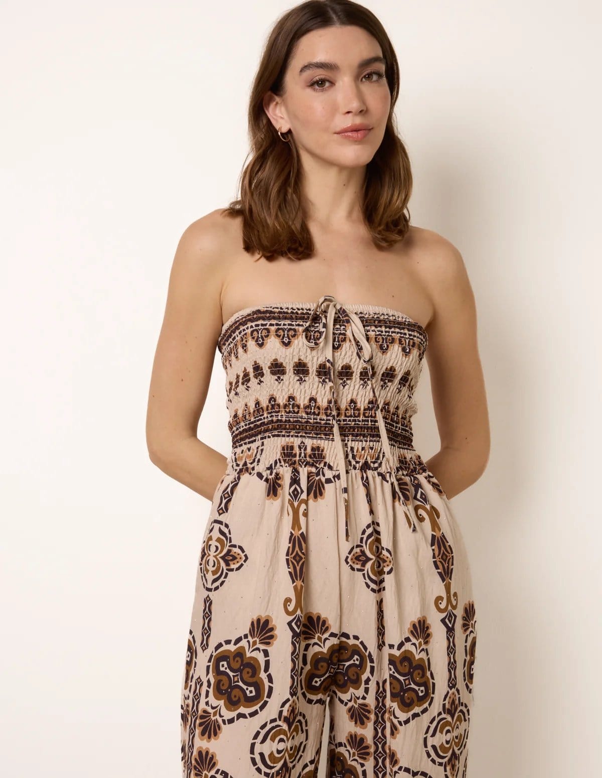 Blue Vanilla Tribal Print Bardot Tie Neck Jumpsuit - 4