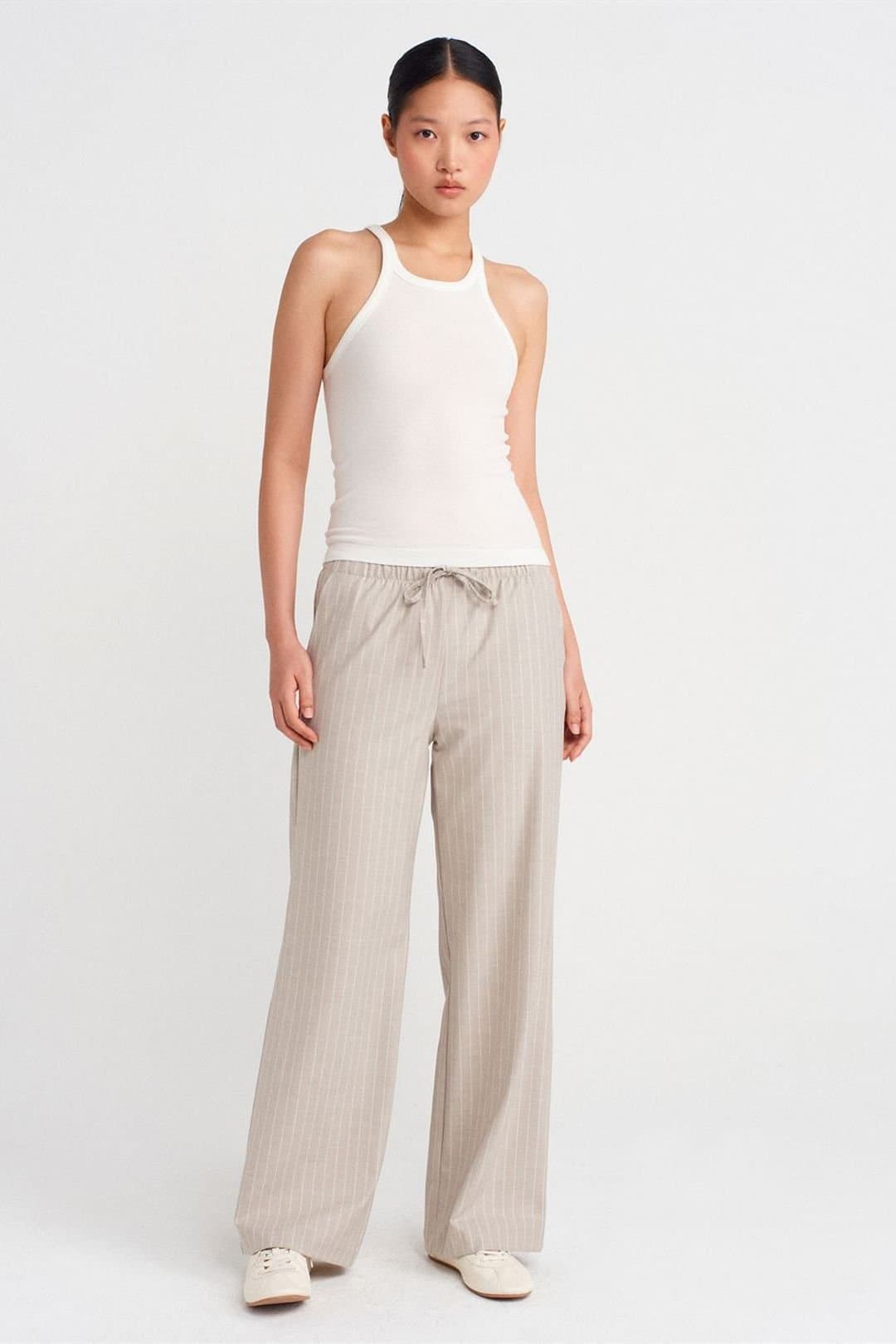 Dilvin Dilvin Women's Striped Wide-leg Woven Trousers in Stone