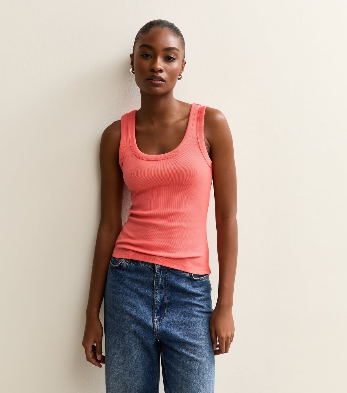 New Look New Look Dark Coral Ribbed Jersey Scoop Vest Top
