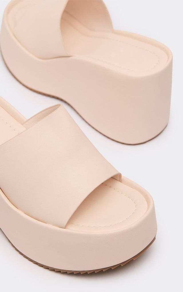 EGO Prime Peep Toe Platform Wedge Mule In Beige Faux Leather, Women's Size UK 3 - 2