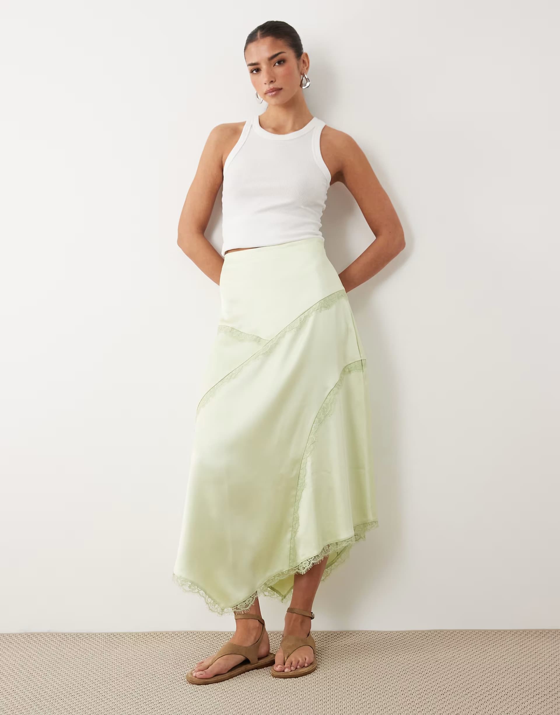 ASOS ASOS Satin Asymmetric Maxi Skirt in Matcha Green