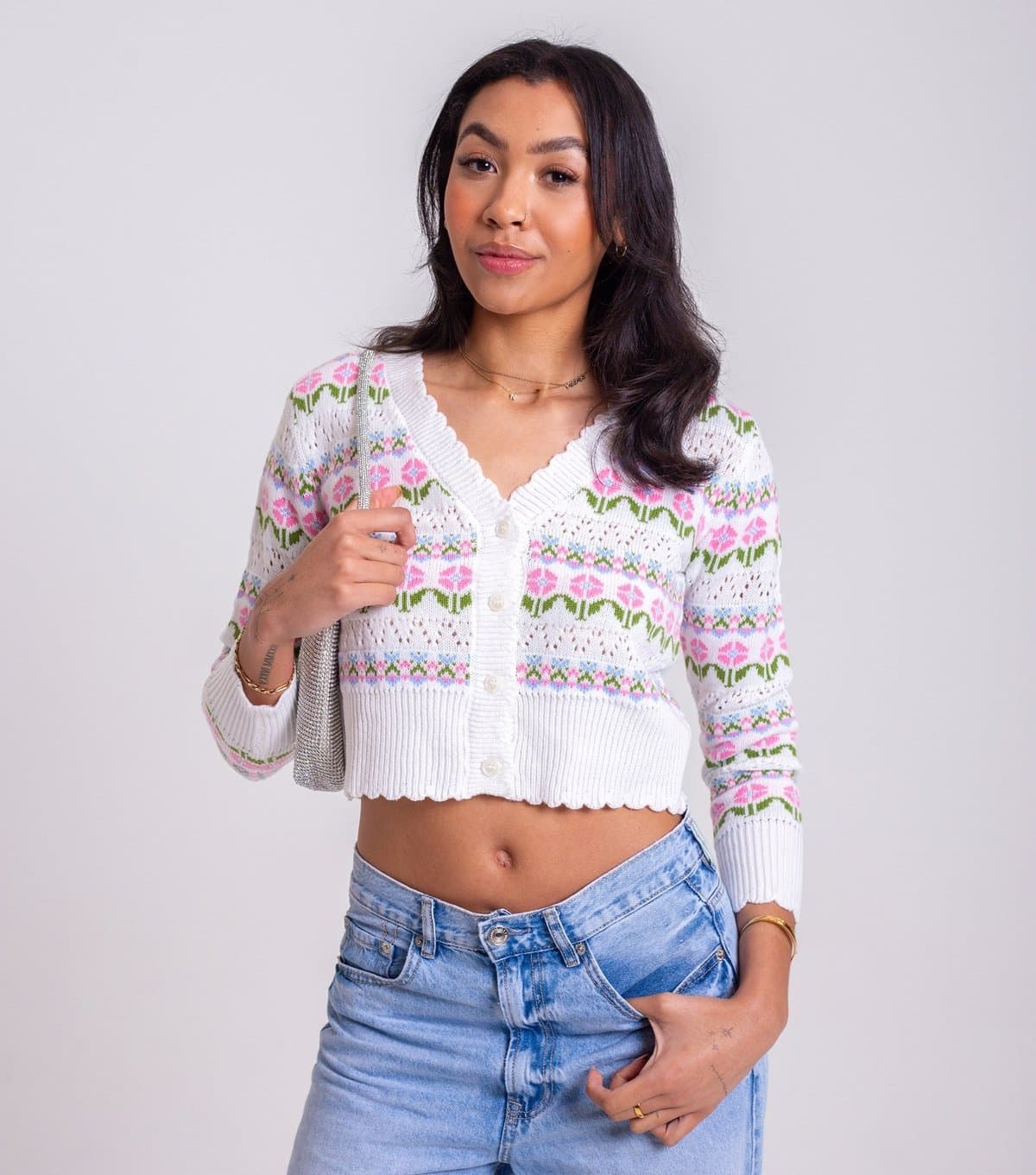 Sunshine Soul Women's White Pointelle Flower Pattern Crop Cardigan Sunshine Soul New Look