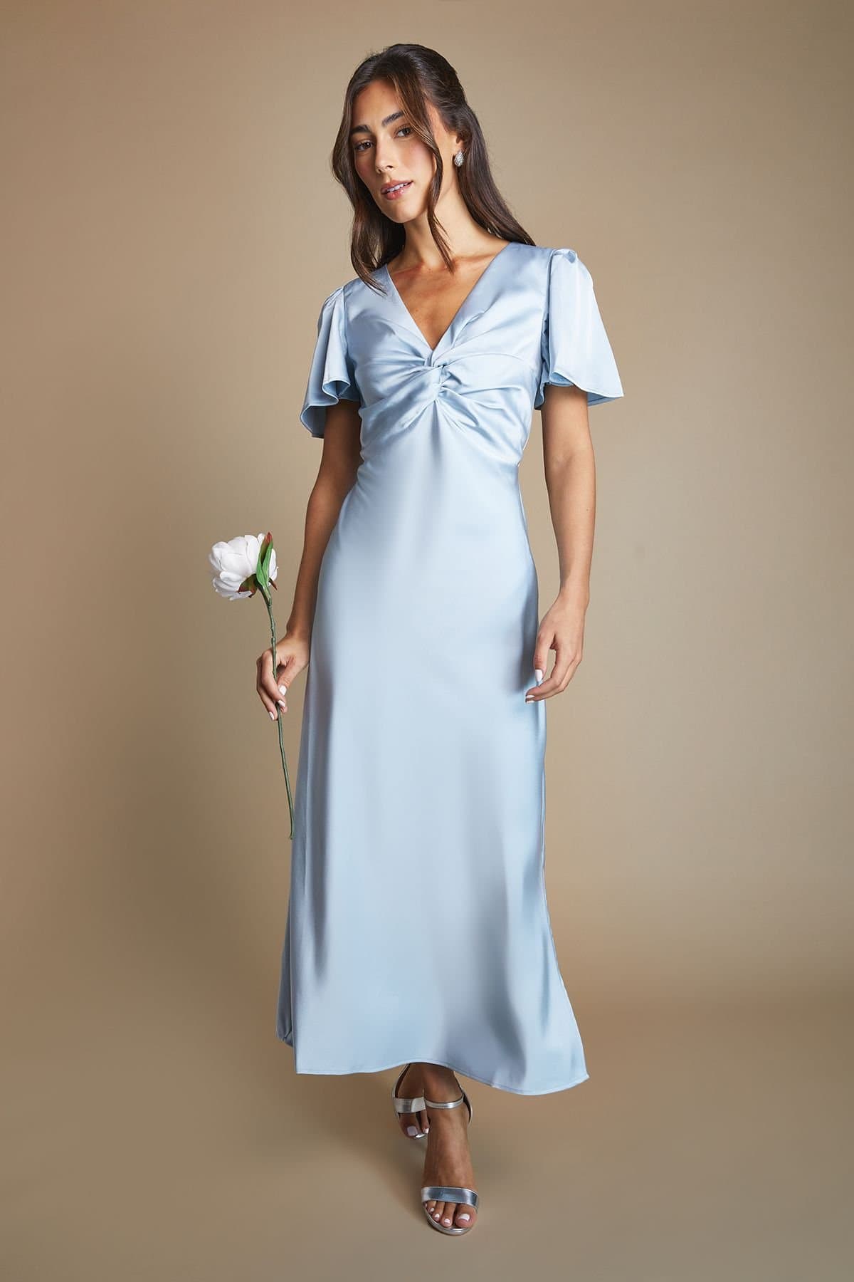 Oasis Oasis Women's Light Blue Satin Twist Front Angel Sleeve Midi Bridesmaid Dress