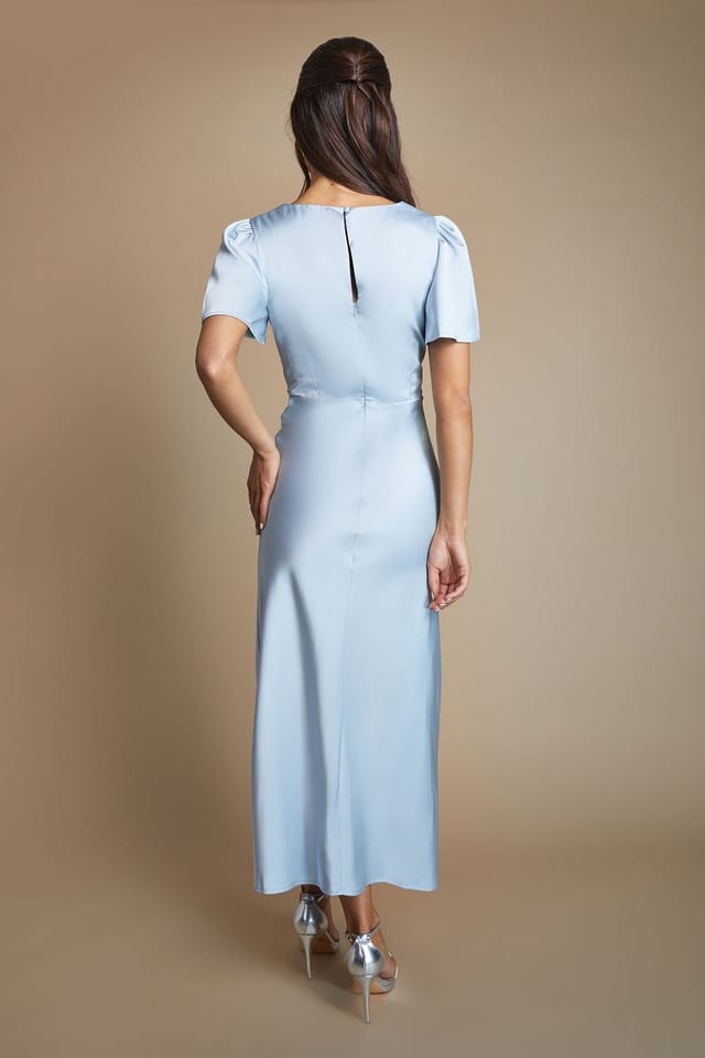Oasis Oasis Women's Light Blue Satin Twist Front Angel Sleeve Midi Bridesmaid Dress - 3