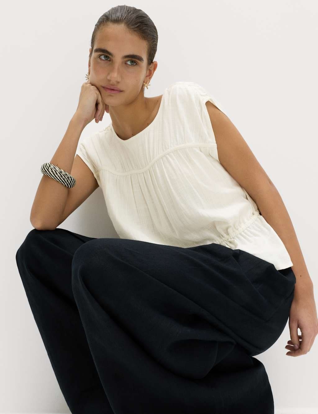 Marks & Spencer M&S Ivory Linen Ruched Scoop Neck Top