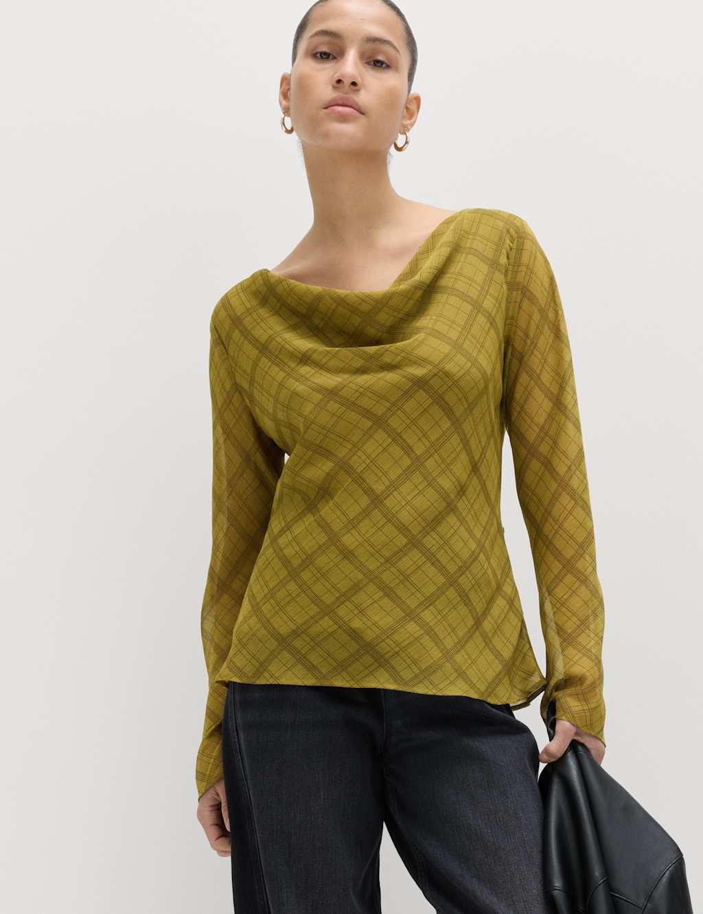 Marks & Spencer M&S Checked Cowl Neck Top Green Mix - 2