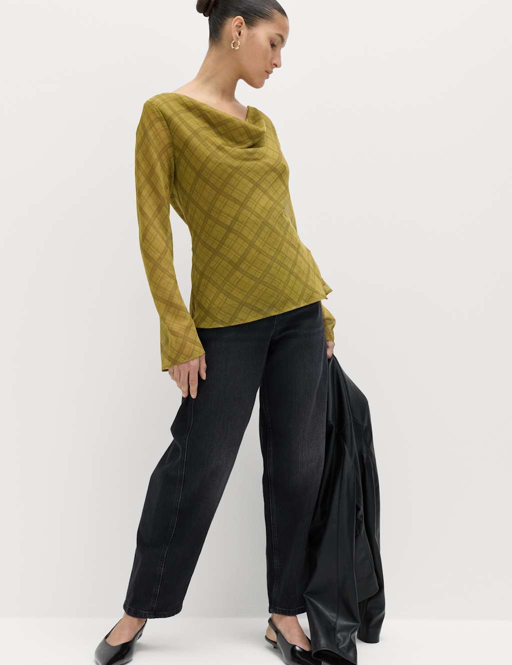 Marks & Spencer M&S Checked Cowl Neck Top Green Mix - 3
