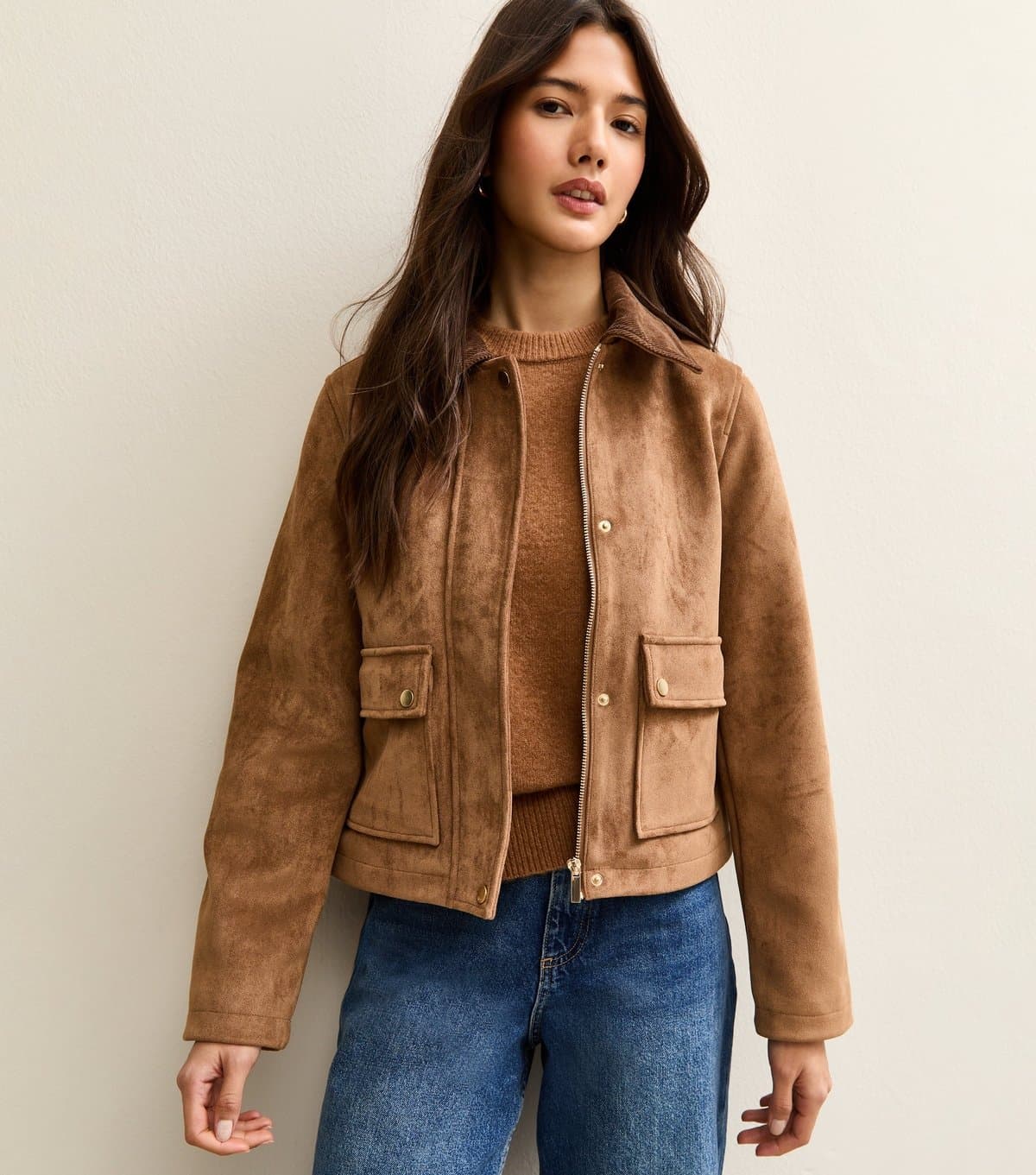New Look Women's Tan Faux Suede Patch Pocket  Jacket New Look