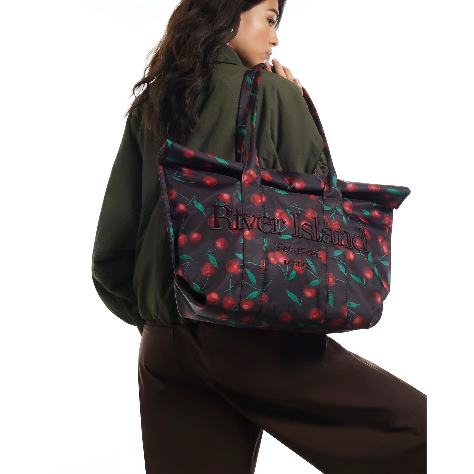 River Island River Island Womens Burgundy Cherry Print Roll Top Bag