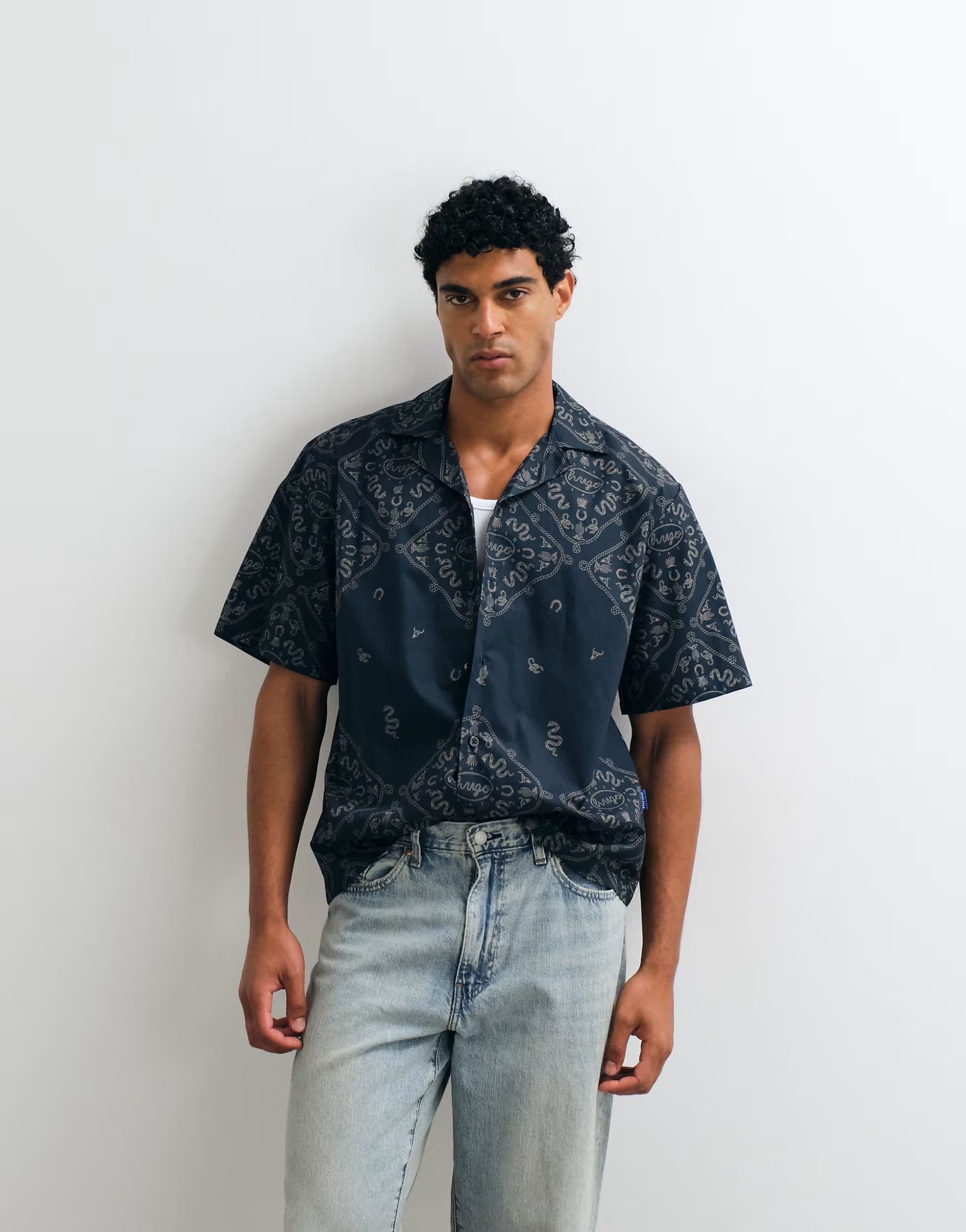 ASOS HUGO Blue printed revere collar shirt in dark blue