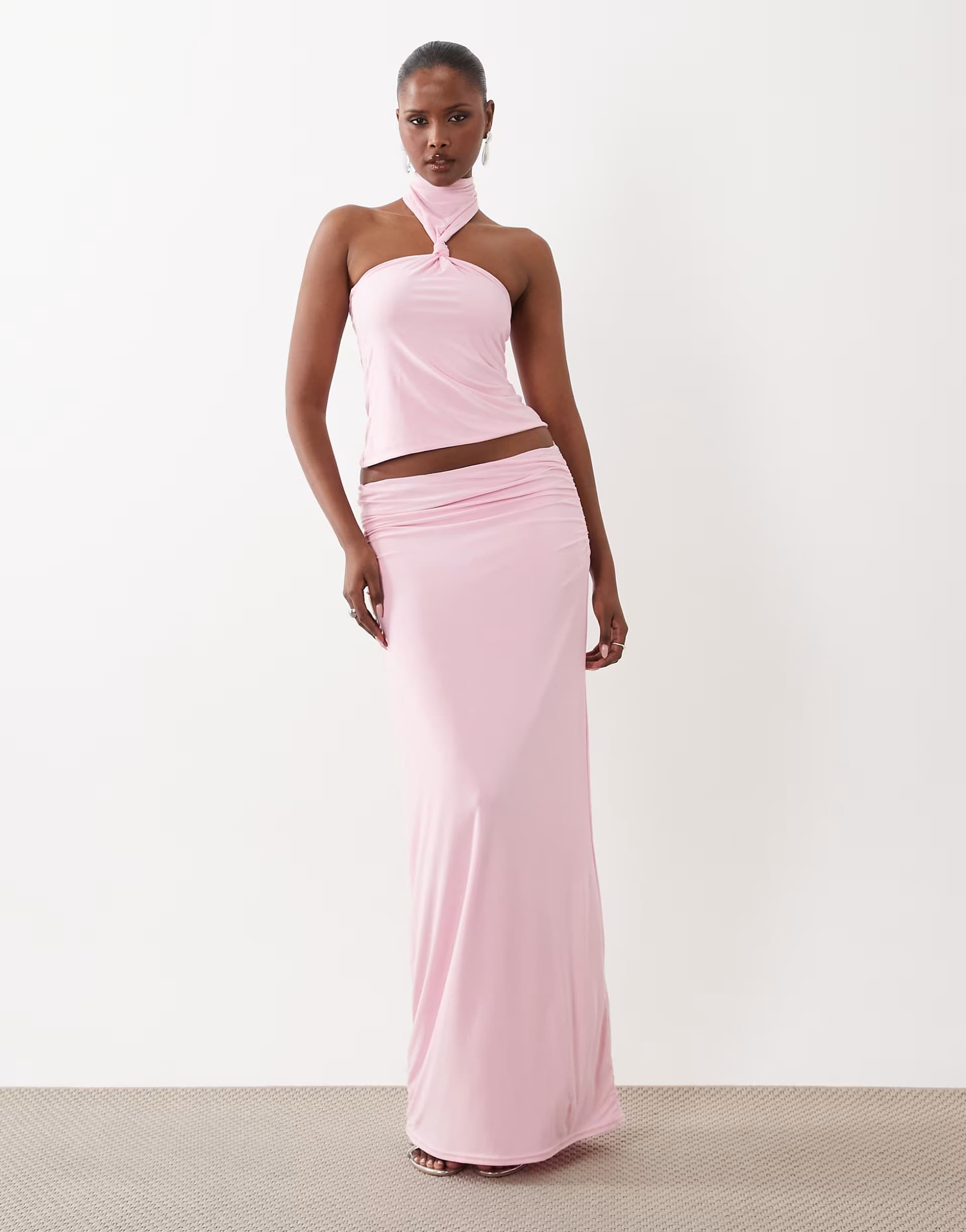 ASOS Missyempire double sculpted slinky neck choker detail halterneck top and skirt co-ord in baby pink