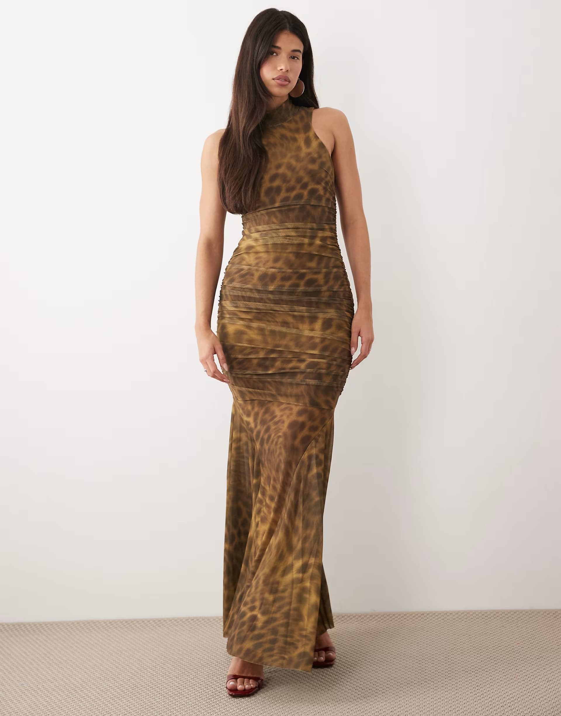 ASOS Ruched & Ready sculpting mesh high neck sleeveless drape fishtail hem maxi dress in blurred leopard print