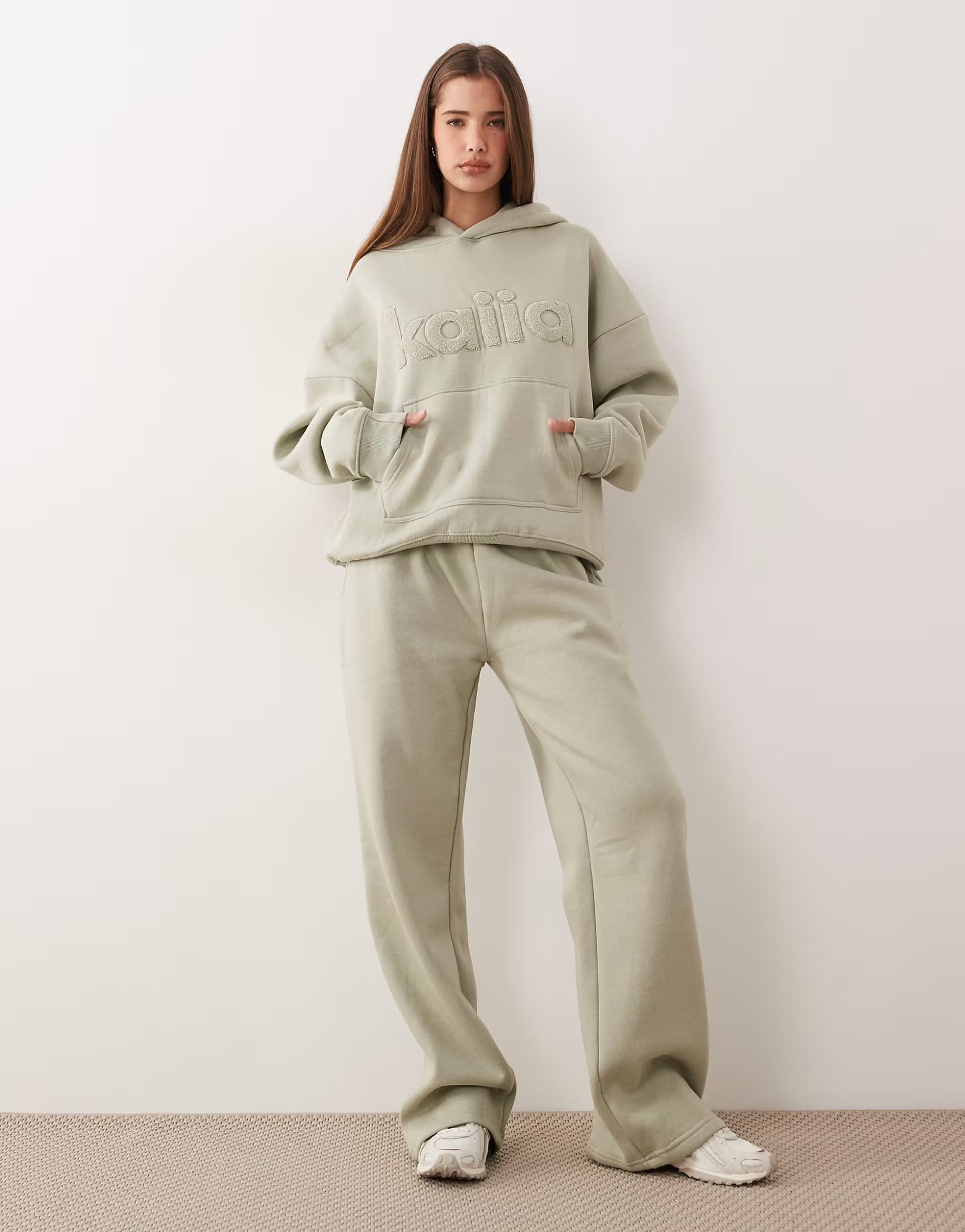 ASOS Kaiia cotton rich wide leg joggers co-ord in sage green