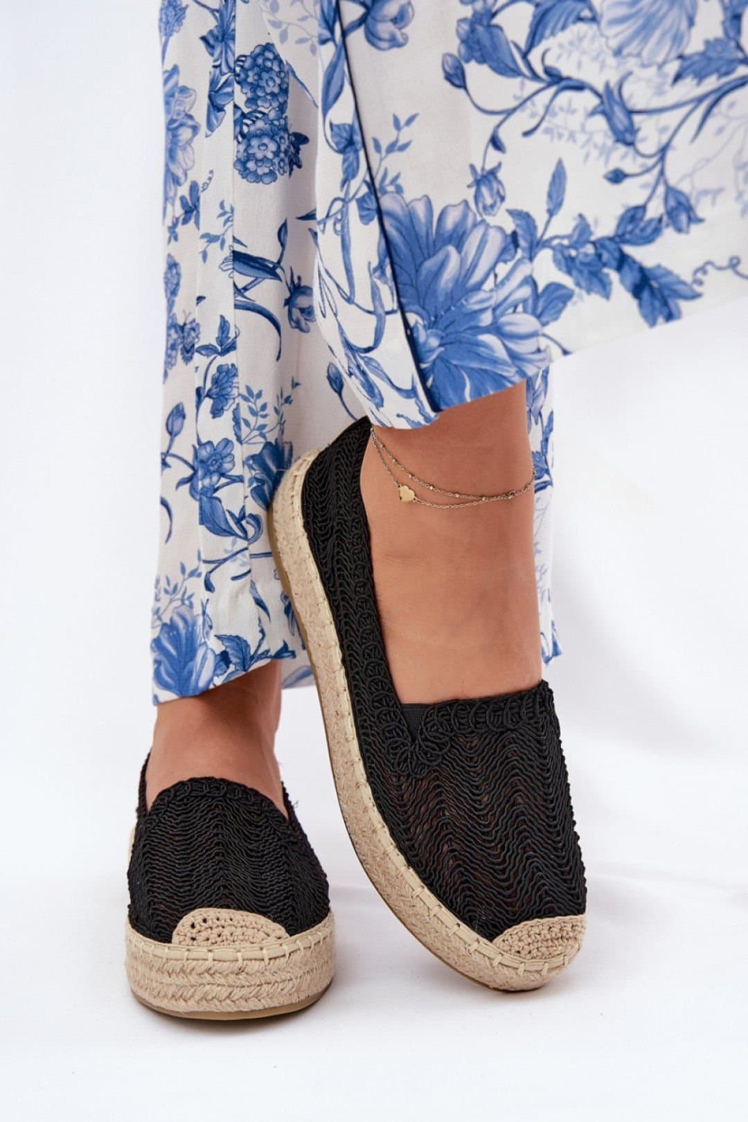 Love Lace Love Lace Women's Textile Espadrilles Platform Shoes with Jute Braid & Rounded Toe in Black