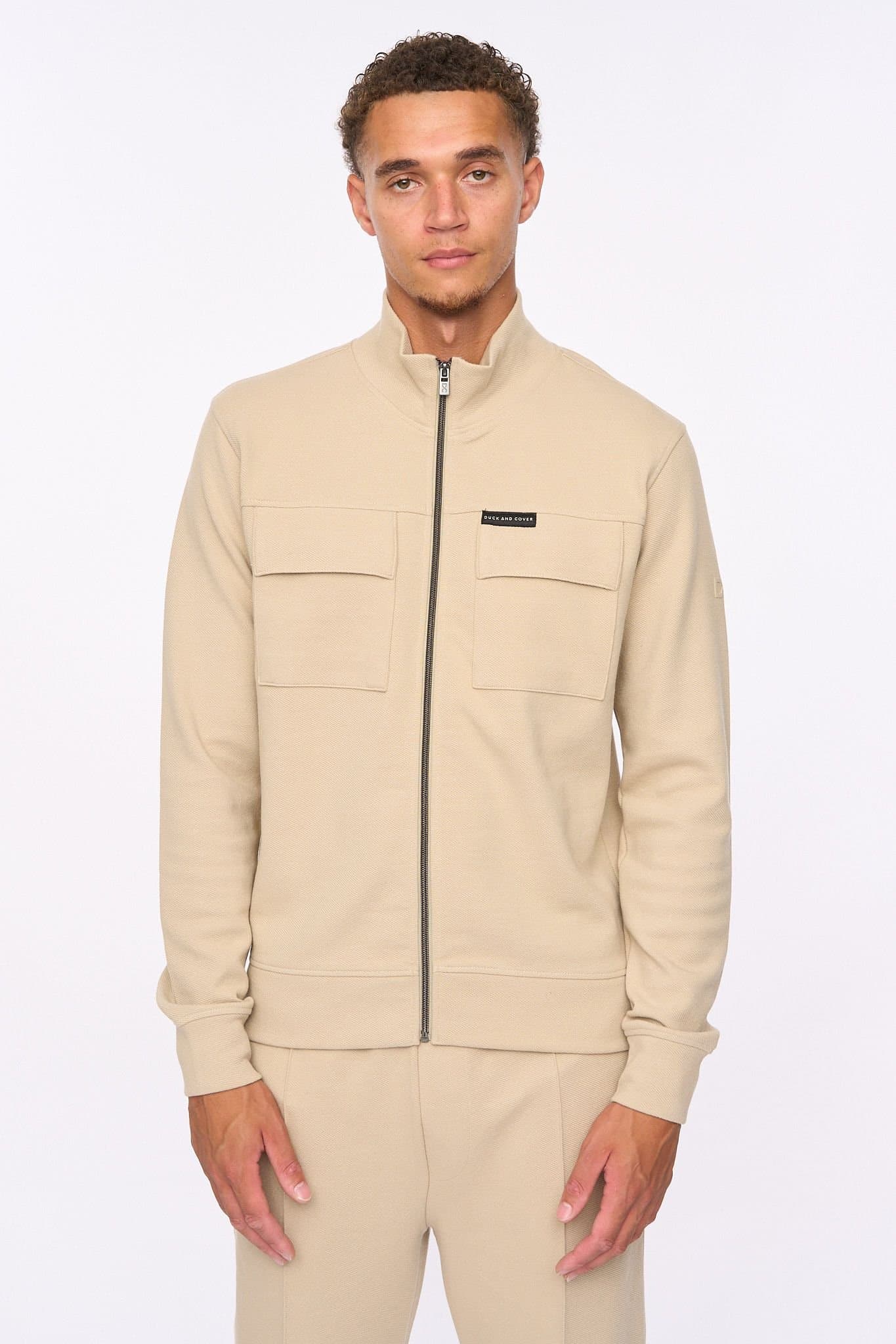 Duck&Cover Duck&Cover Tames Men's Textured Twill Zip-Through Top - High Neck Utility Jacket with Front Flap Pockets in Stone