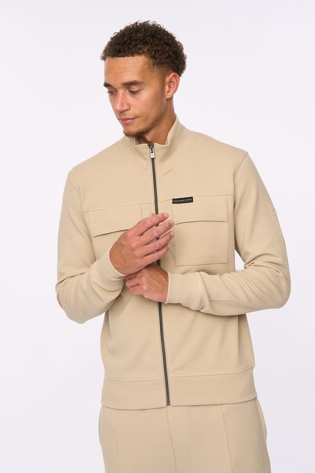 Duck&Cover Duck&Cover Tames Men's Textured Twill Zip-Through Top - High Neck Utility Jacket with Front Flap Pockets in Stone - 3