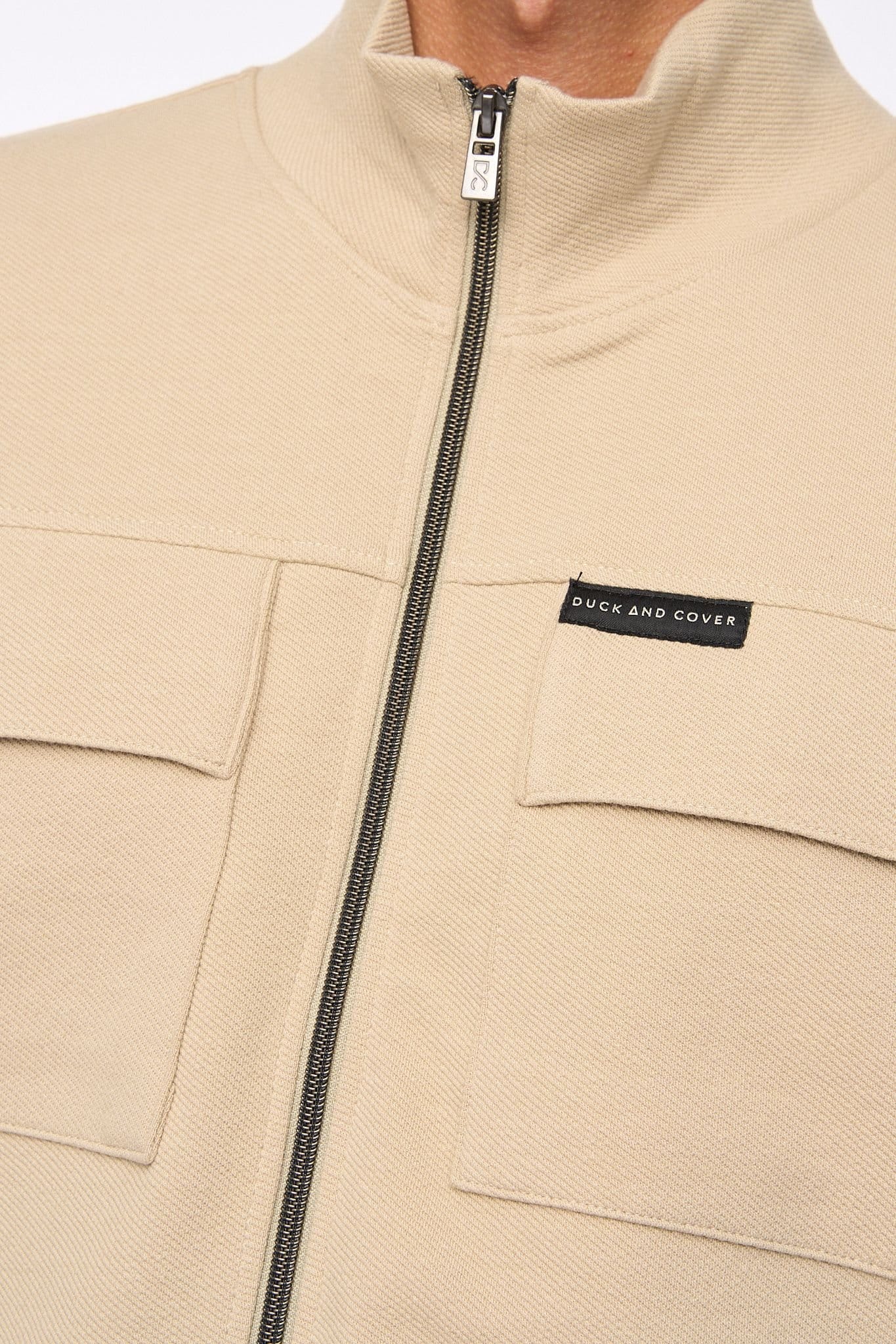 Duck&Cover Duck&Cover Tames Men's Textured Twill Zip-Through Top - High Neck Utility Jacket with Front Flap Pockets in Stone - 4