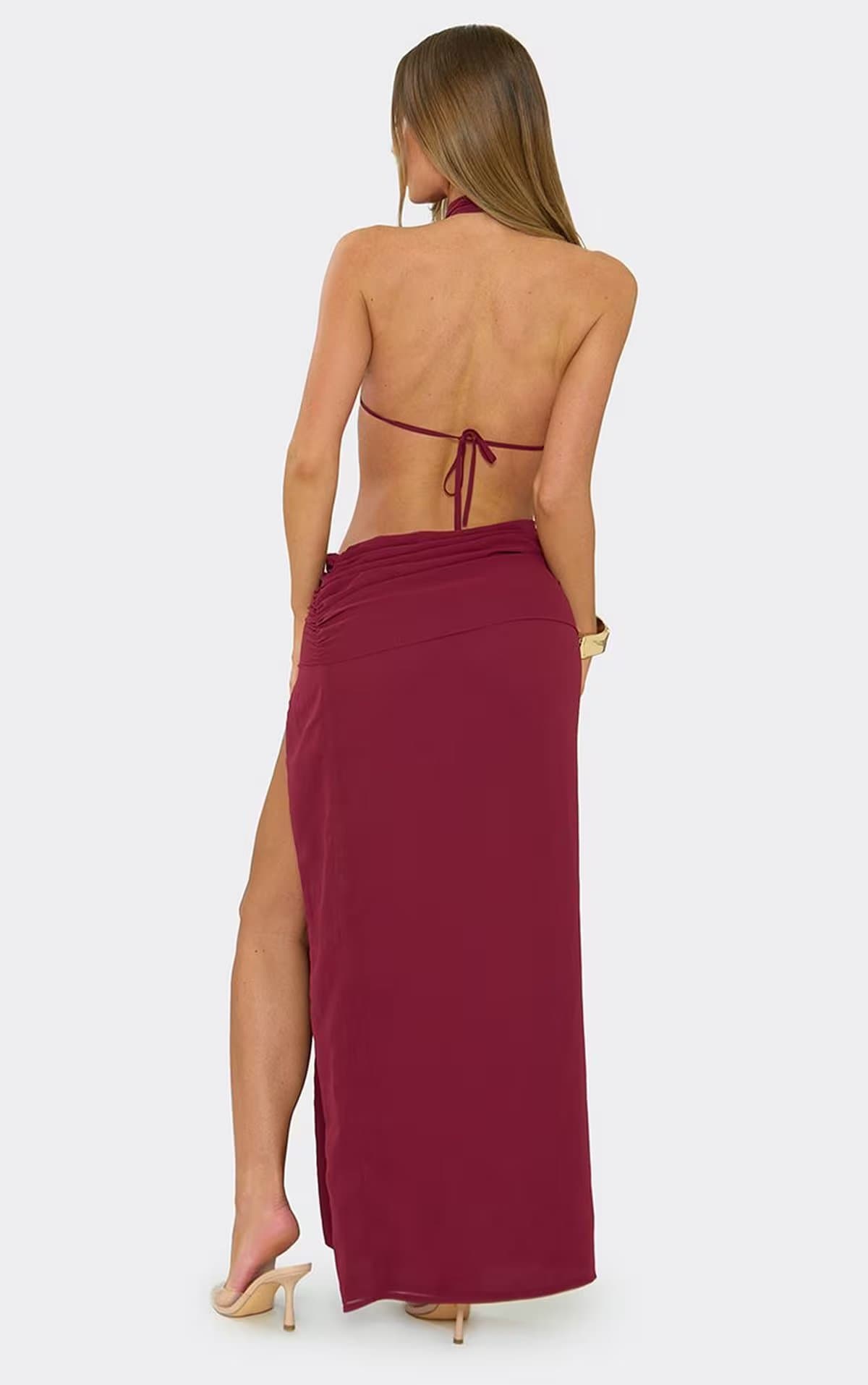 EGO High Neck Open Back Split Leg Cut Out Maxi Dress In Burgundy, Women's Size UK 6