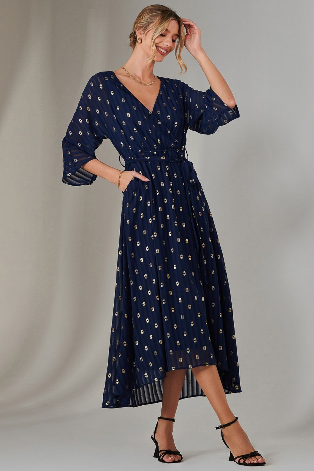 Jolie Moi Jolie Moi Women's Plain Gold Spot Chiffon Dress in Navy - 2