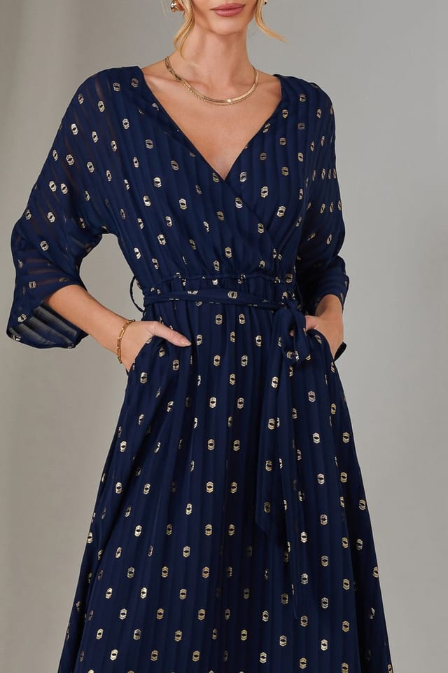 Jolie Moi Jolie Moi Women's Plain Gold Spot Chiffon Dress in Navy - 3