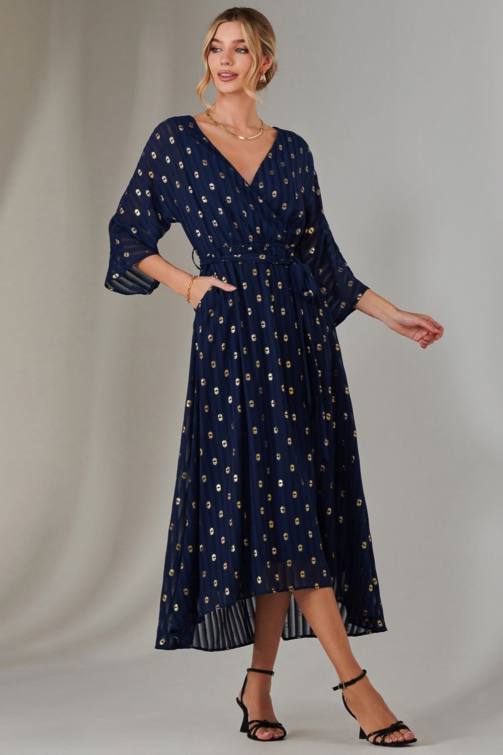 Jolie Moi Jolie Moi Women's Plain Gold Spot Chiffon Dress in Navy - 4