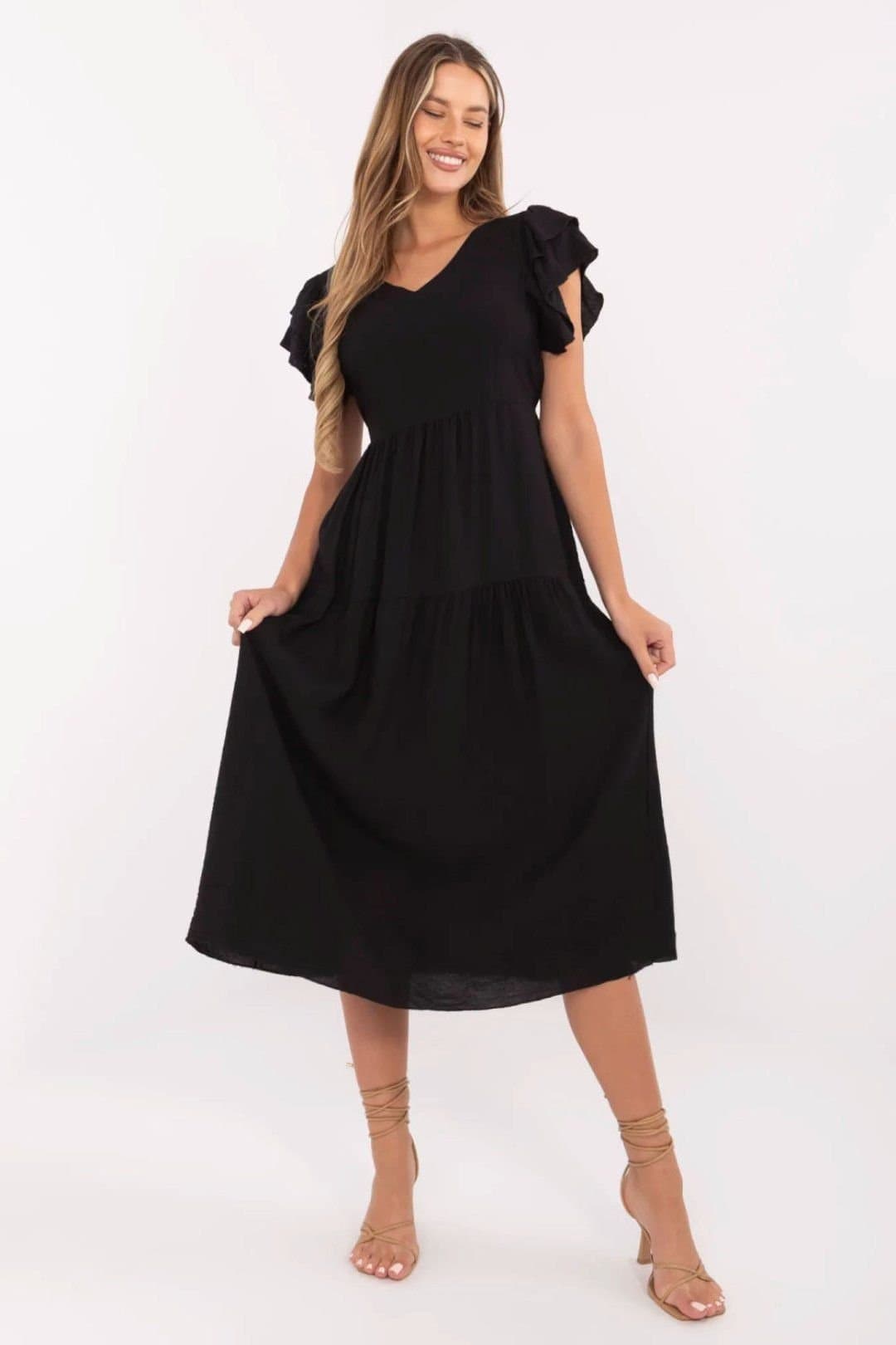 Love Lace Love Lace Women's Flared V Neck Midi Summer Dress Flutter Sleeves in Black