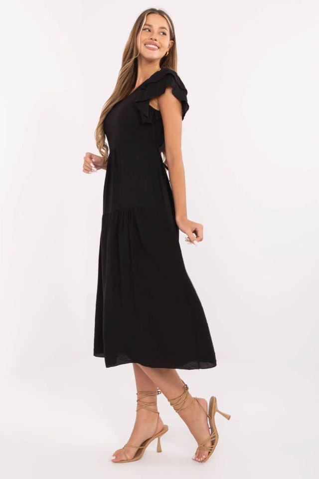 Love Lace Love Lace Women's Flared V Neck Midi Summer Dress Flutter Sleeves in Black - 2