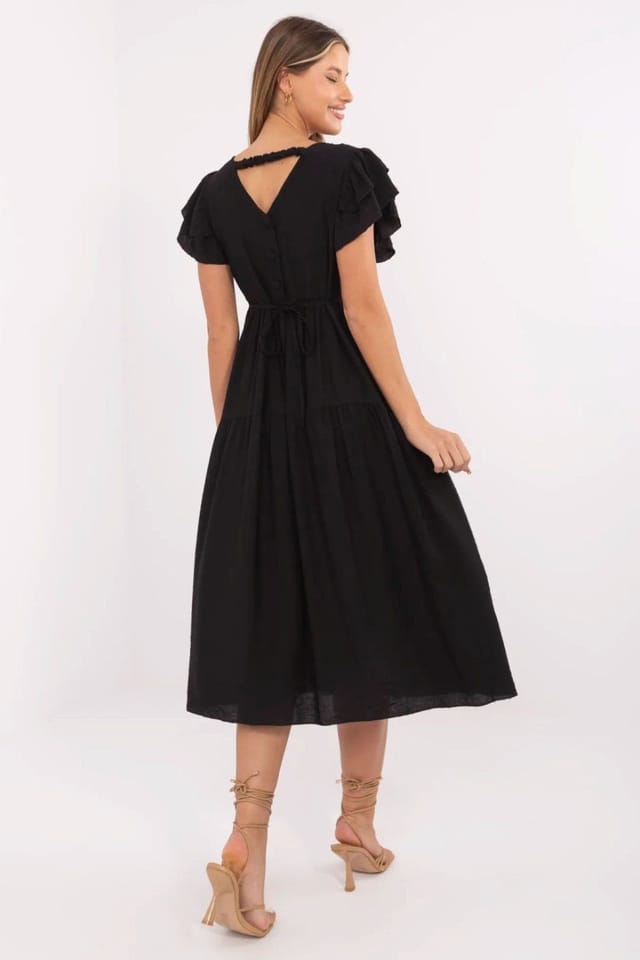 Love Lace Love Lace Women's Flared V Neck Midi Summer Dress Flutter Sleeves in Black - 3