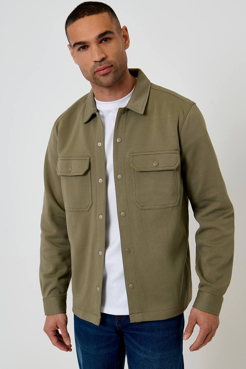 Threadbare Threadbare Men's Cotton Blend Popper Fastening Pique Shacket in Pale Green - 2