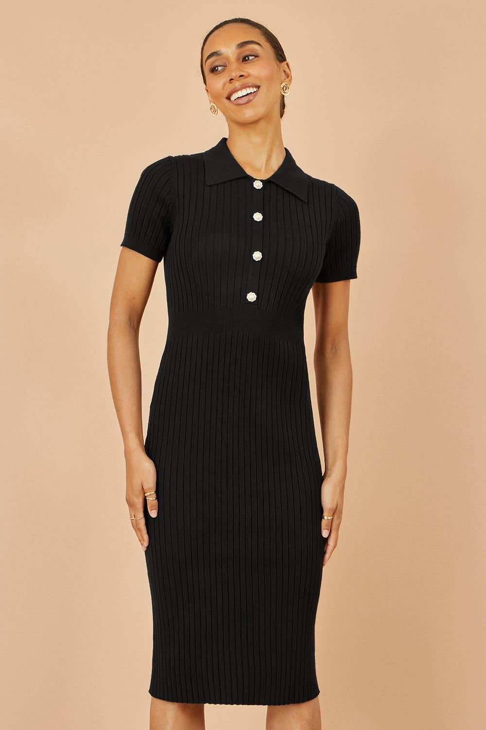 Yumi Yumi Women's Black Fitted Rib Knitted Midi Dress With Daisy Buttons