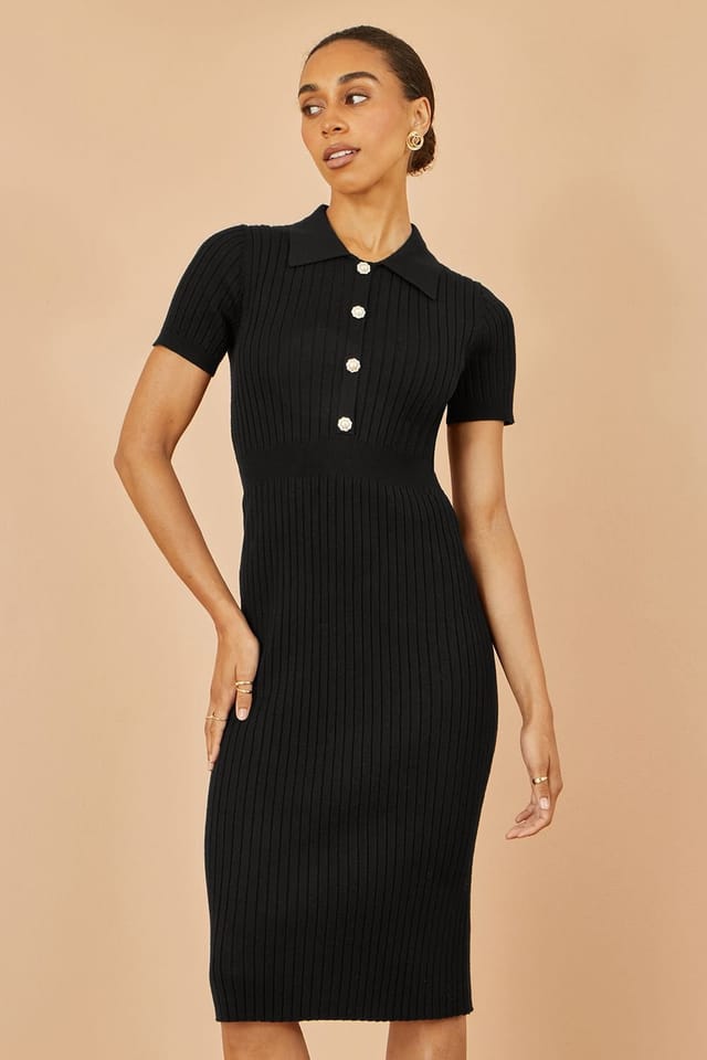 Yumi Yumi Women's Black Fitted Rib Knitted Midi Dress With Daisy Buttons - 2
