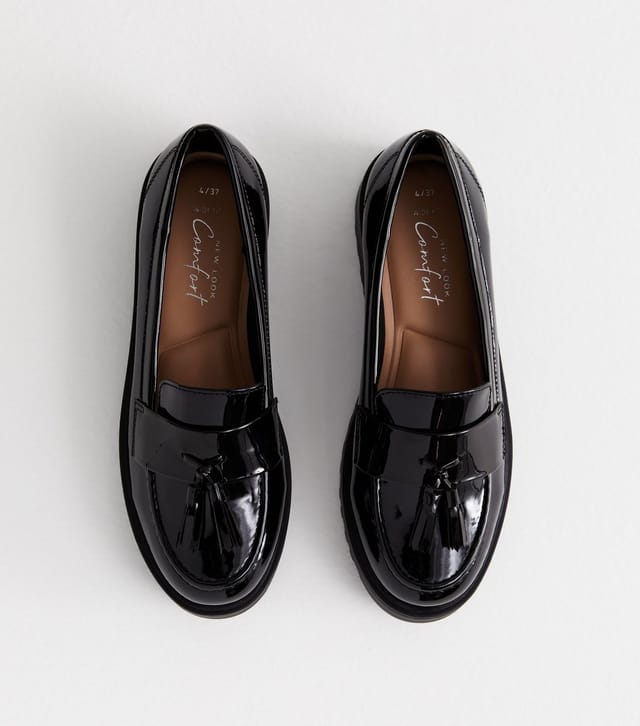 New Look Women's Wide Fit Black Patent Chunky Tassel Loafers New Look - 3