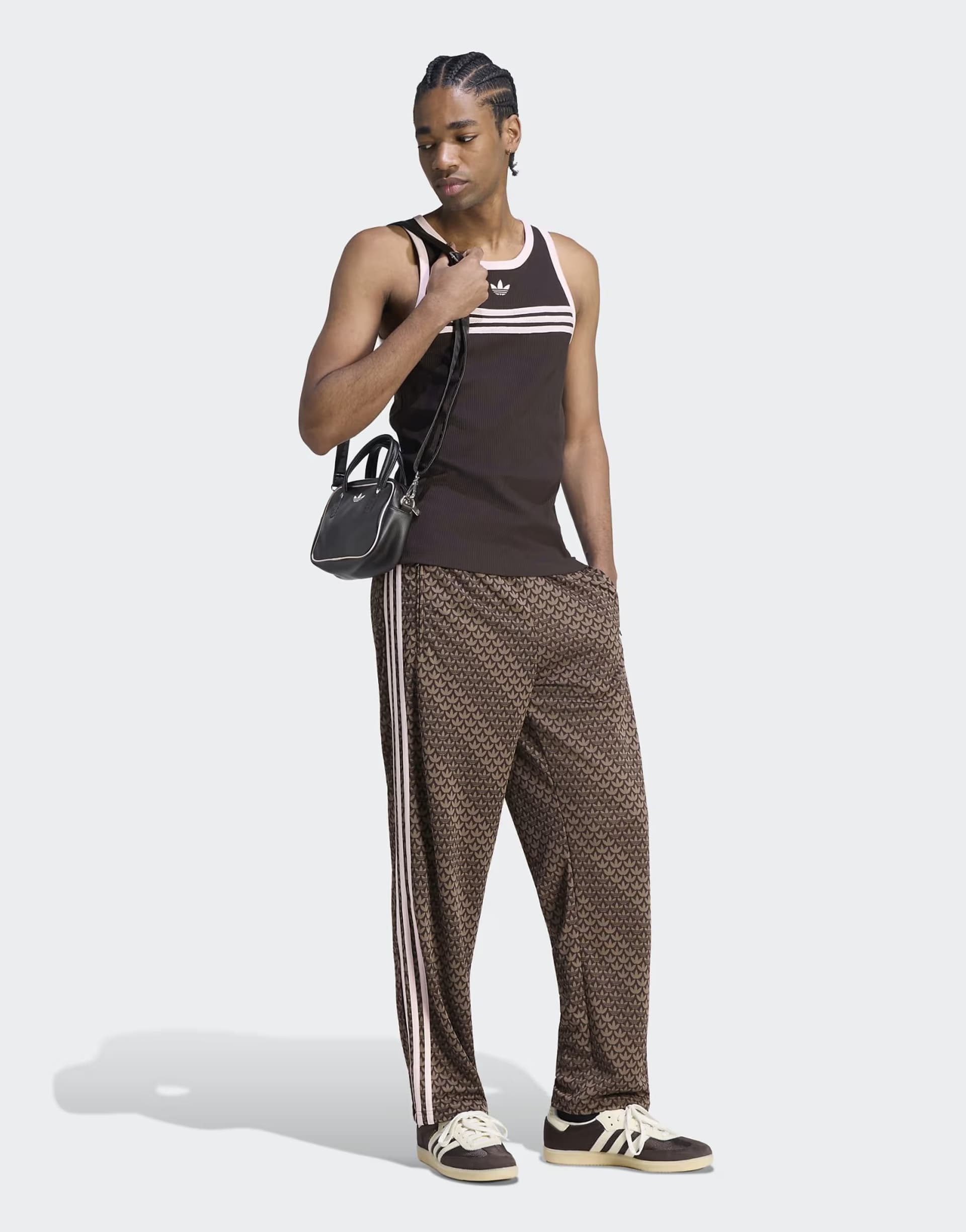 ASOS adidas Originals Firebird loose monogram track pants in coffee brown and pink