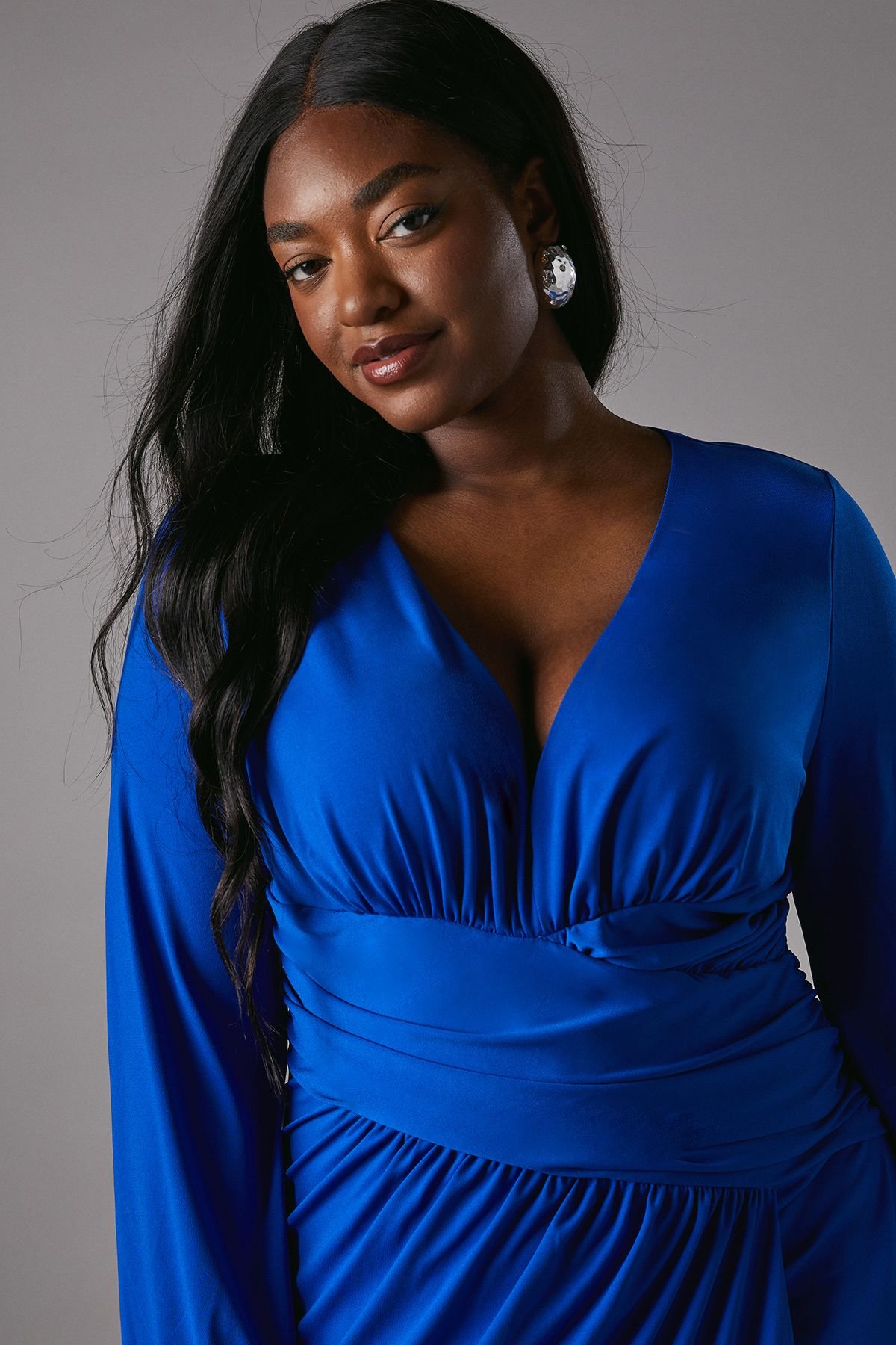 Coast Coast Women's Plus Jersey Tie Wrap Front Long Sleeve Dress in Cobalt - 3