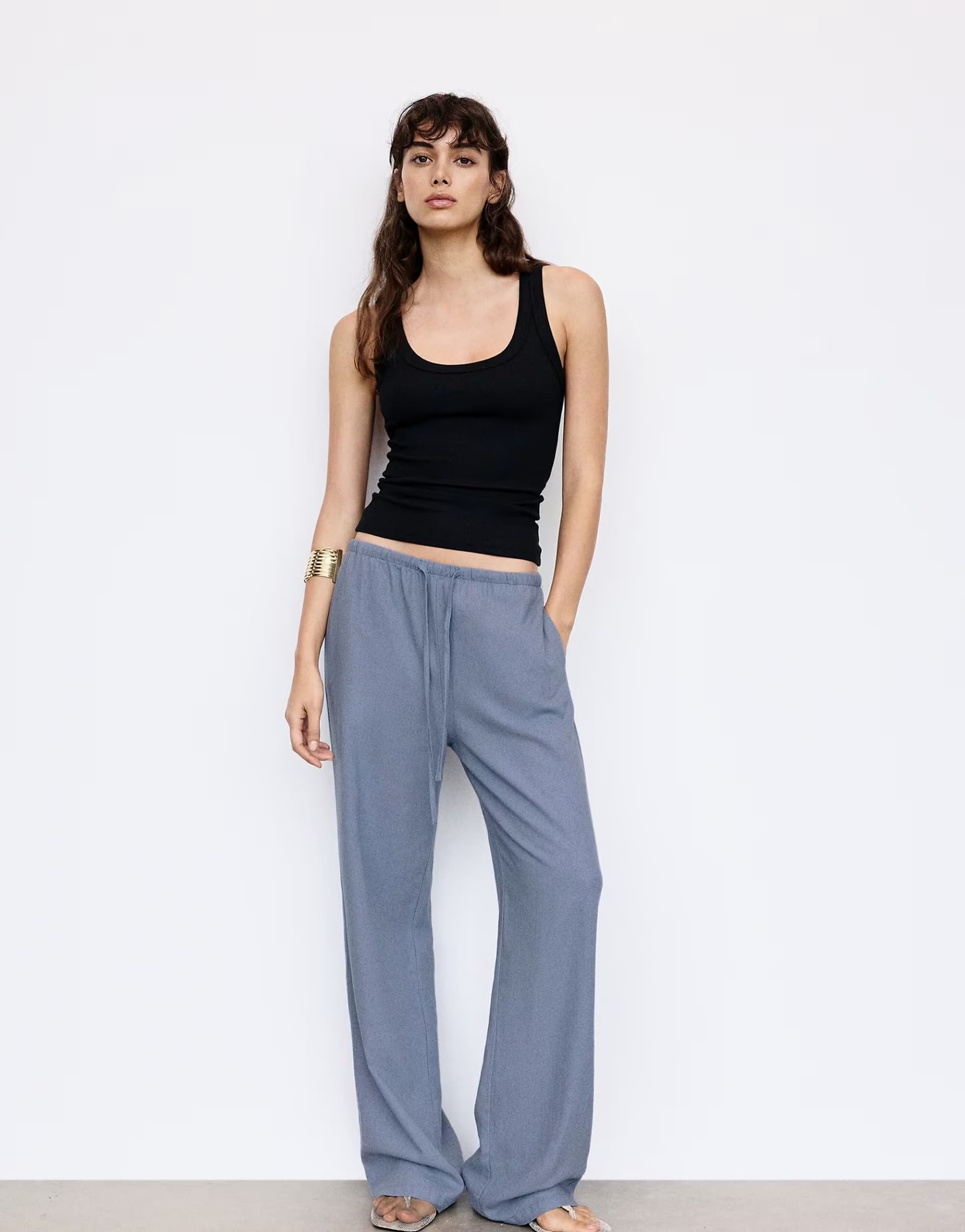 ASOS Pull&Bear Flowing viscose linen blend trousers in blue