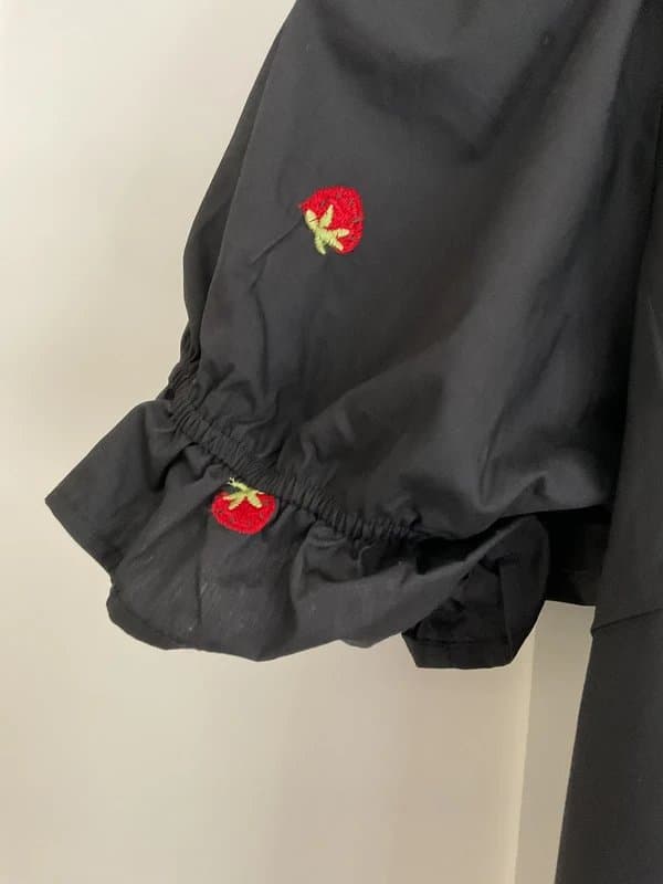 Never Fully Dressed Never Fully Dressed (BNWT) ~ Black Embroidered Strawberries Cotton Wrap Mini Dress (Size: XL).