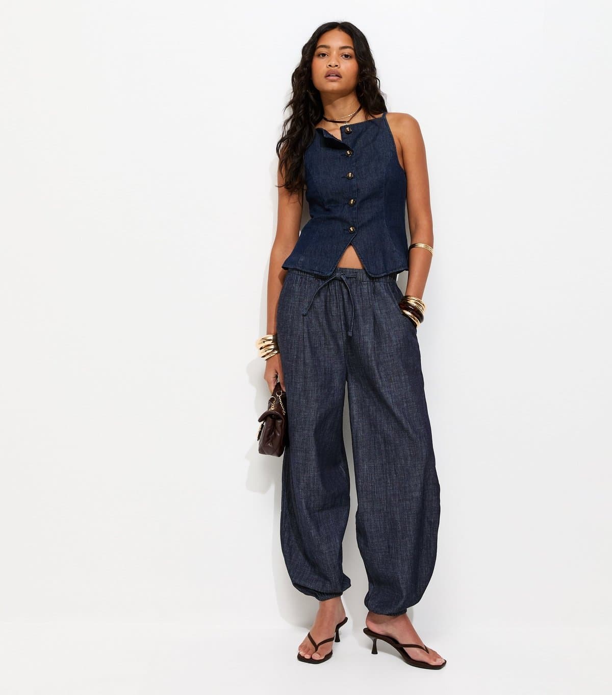 New Look Women's Navy Denim Tapered Balloon Leg Trousers New Look