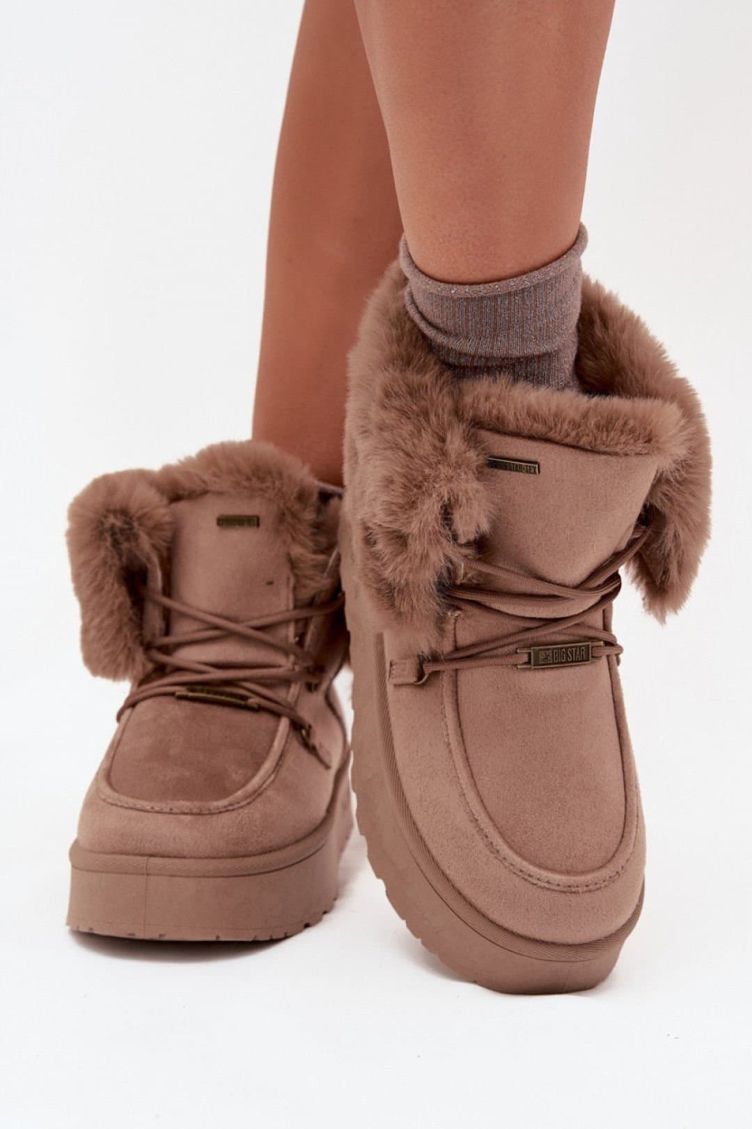Love Lace Love Lace Women's Snow Boots with Waterproof Membrane Platform Suede Fur Lining in Beige