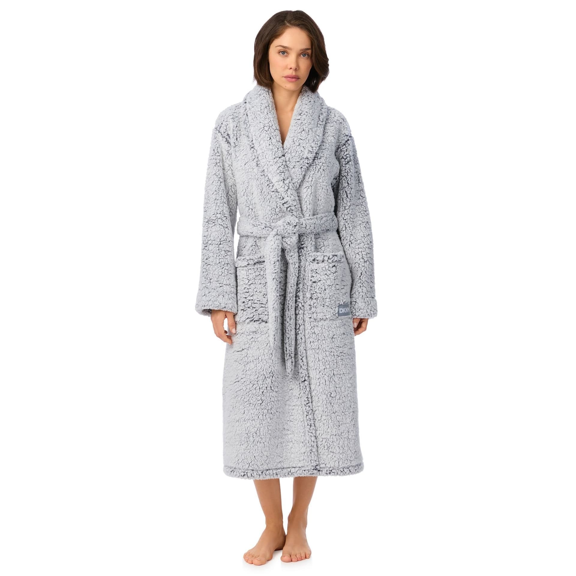 DKNY DKNY Women's 122cm Long Sleeve Shawl Collar Robe in Light Graphite Frosted Sherpa in Light Grey