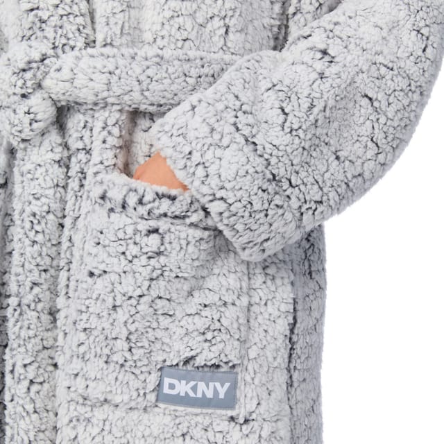 DKNY DKNY Women's 122cm Long Sleeve Shawl Collar Robe in Light Graphite Frosted Sherpa in Light Grey - 3