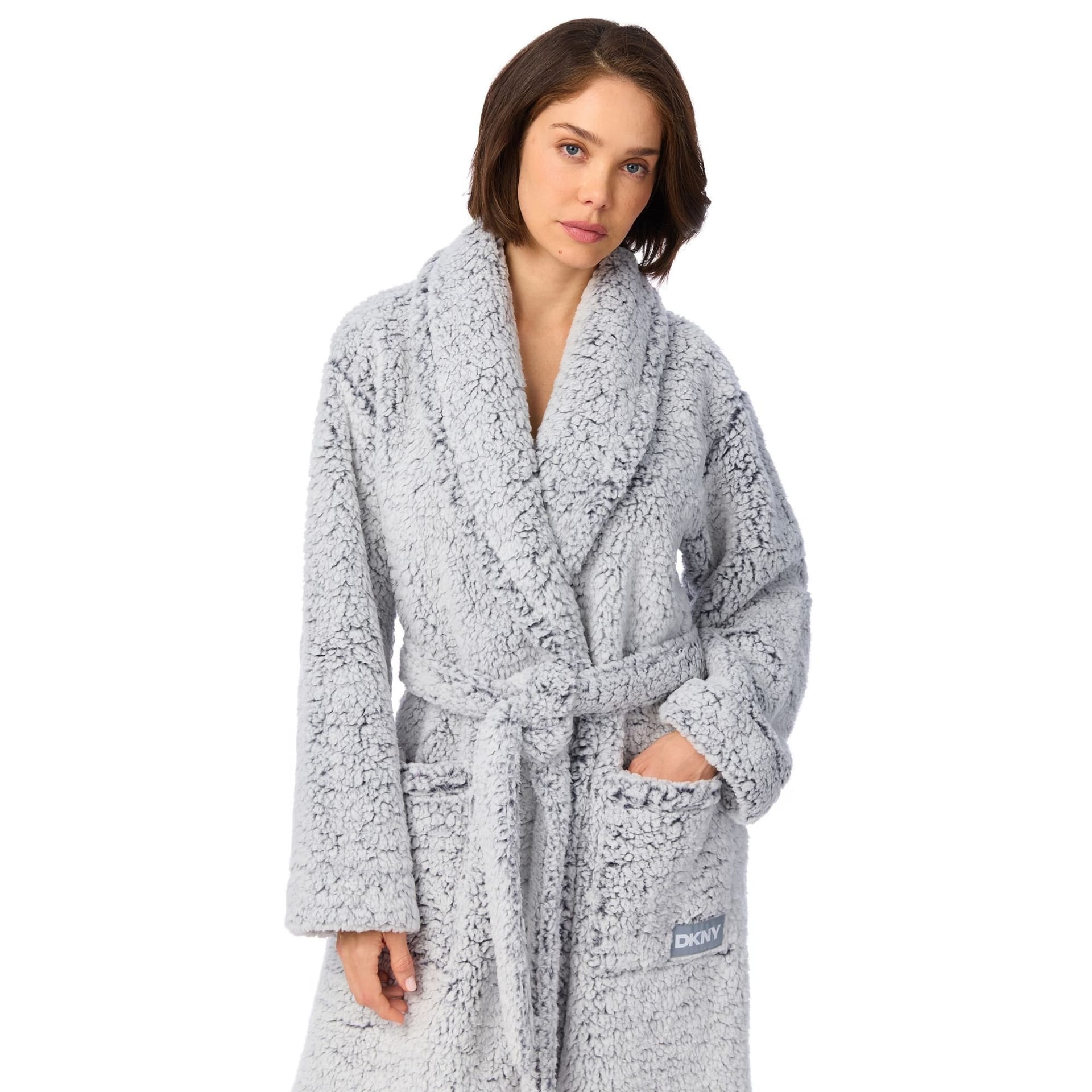 DKNY DKNY Women's 122cm Long Sleeve Shawl Collar Robe in Light Graphite Frosted Sherpa in Light Grey - 4