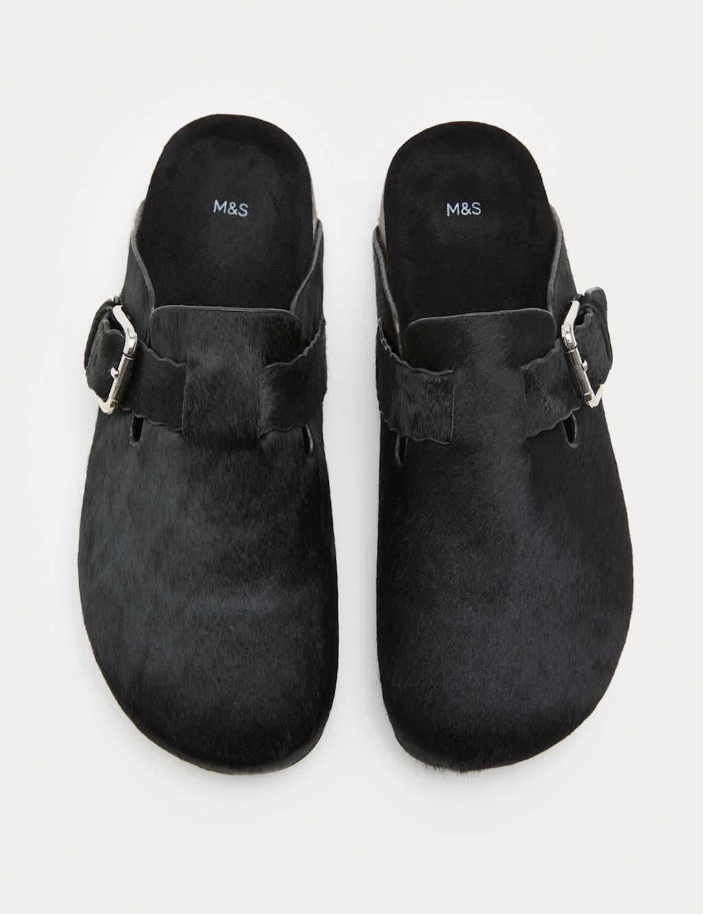 Marks & Spencer M&S Leather Hair On Scallop Edge Strap Clogs Black